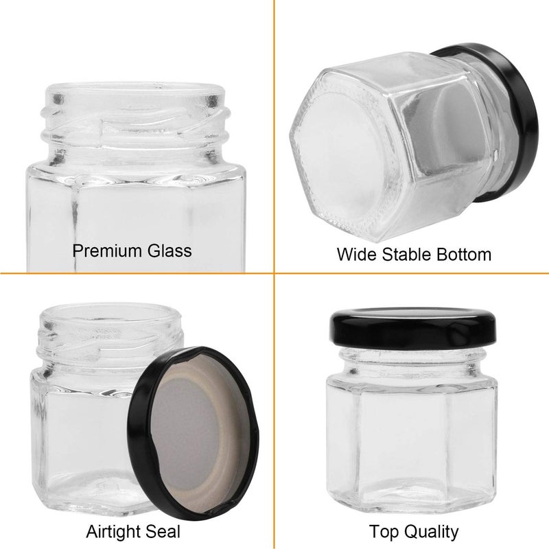 Encheng 1.5 oz Clear Hexagon Jars, Small Glass Jars With Black Lids, Mason Jars for Herbs, Foods, Jams, Liquid, Mini Spice Storage 30 Pack - Image 3